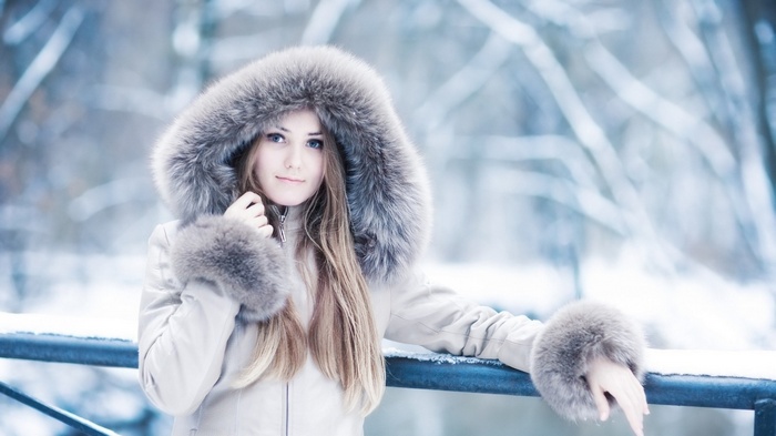 Woman in a fur-lined hooded coat in winter