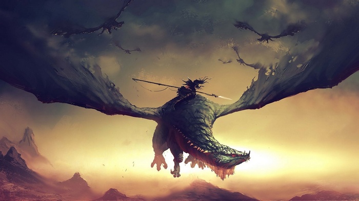Fantasy art of a dragon rider and dragons