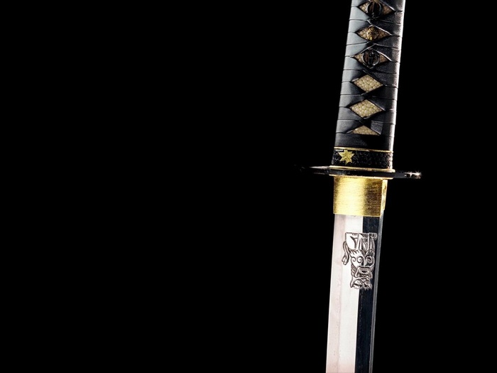 Close-up of a katana sword with dragon engraving