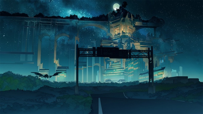 Futuristic city at night with a dragon flying
