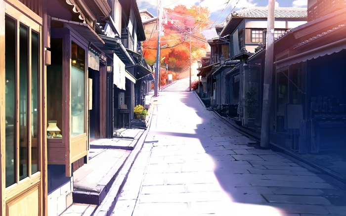 Anime street with traditional Japanese buildings and autumn trees