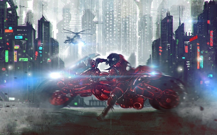 Kaneda's motorcycle in Akira cityscape with helicopter