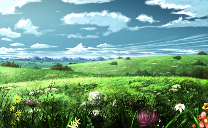 Anime landscape with rolling green hills and clouds