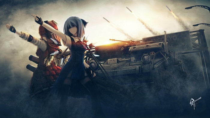 Anime girls and a tank with missiles