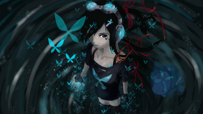 Anime girl with headphones surrounded by blue butterflies