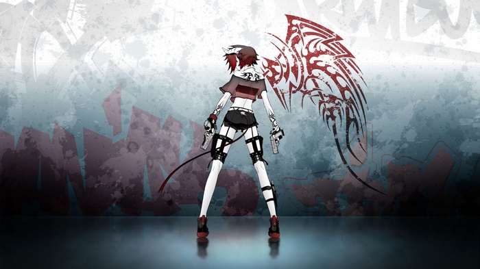 Anime girl with red hair and tribal wings holding pistols
