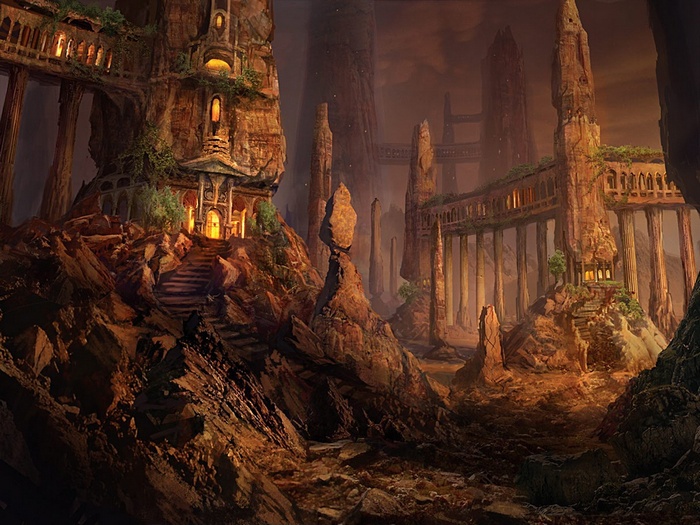 Fantasy art of ancient ruins on rocky cliffs