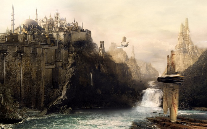 Fantasy city with waterfalls and flying vehicles