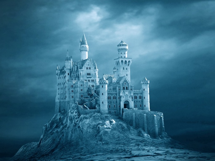 A majestic castle on a rocky cliff under a dark sky