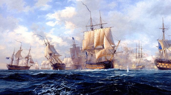 Naval battle with sailing ships on a stormy sea
