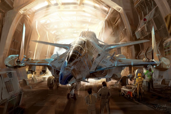 Futuristic aircraft in a science fiction hangar artwork