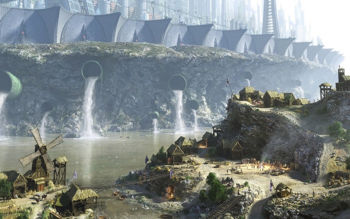 Futuristic city above a medieval village with waterfalls