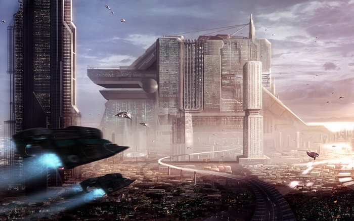 Futuristic city with flying vehicles and skyscrapers