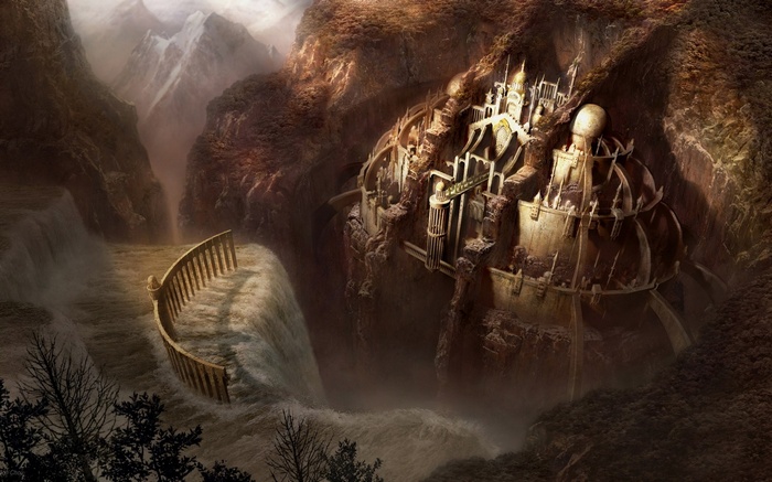 Fantasy city built into a cliffside with waterfalls