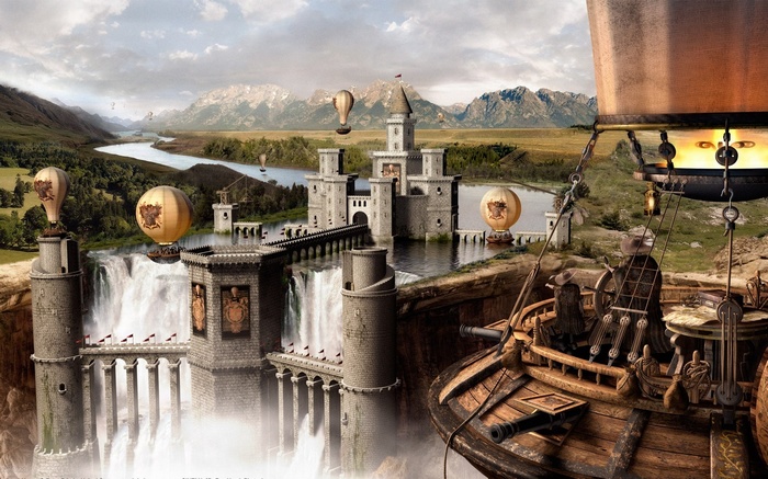 Steampunk castle with hot air balloons and a flying ship