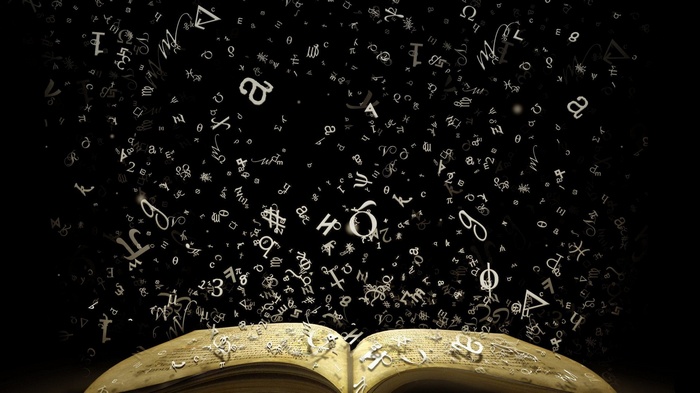 Open book with floating letters and symbols
