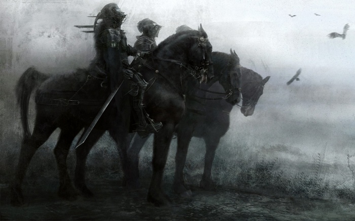 Dark fantasy knights on horseback in a misty landscape