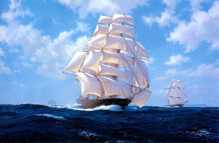 Sailing ships on a wavy sea under a cloudy sky