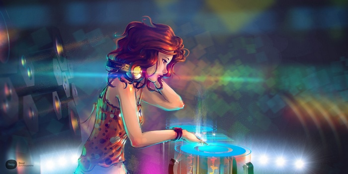 Anime girl DJ with headphones playing music