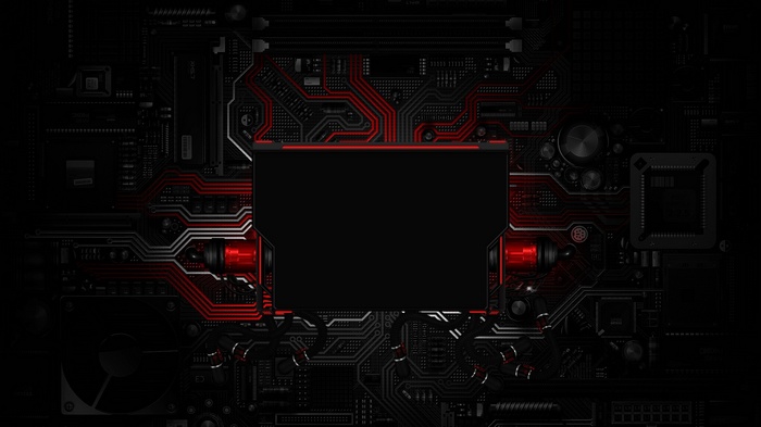Digital art of electronic circuits with red accents