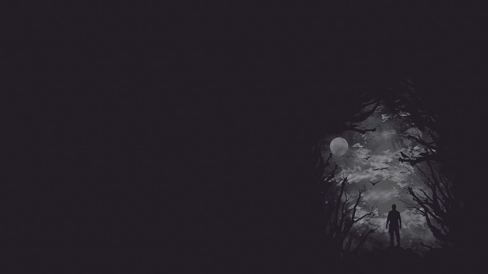 Minimalist spooky artwork of a person in a forest at night