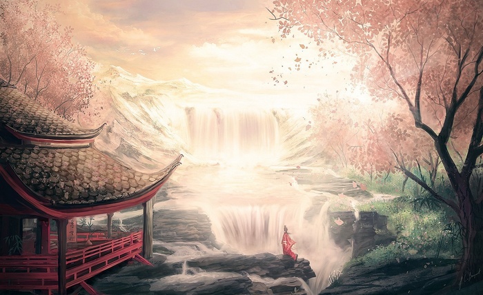 Japanese Garden with Cherry Trees and Waterfall