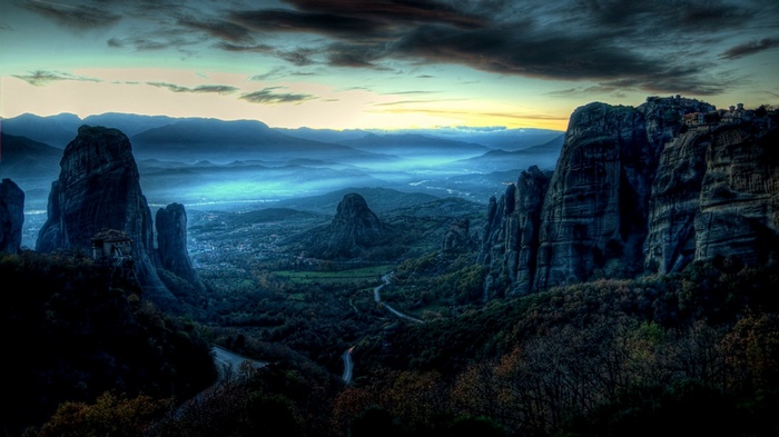 Meteora landscape with rock formations and a valley