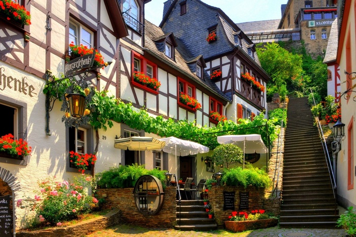 Half-timbered buildings and stairs in Beilstein, Germany