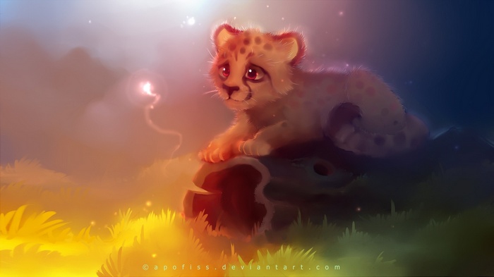 Baby cheetah looking at a glowing butterfly