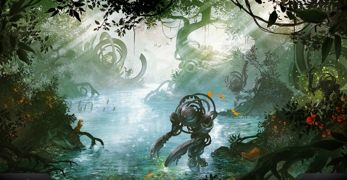 Robot in a mystical jungle with ancient structures
