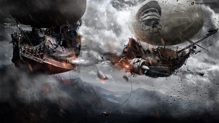 Steampunk airships in battle over mountains
