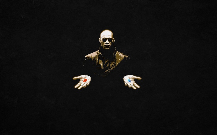 Morpheus offers red and blue pills from The Matrix