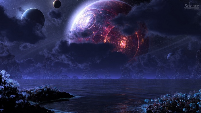 Futuristic planet with rings in a cosmic landscape