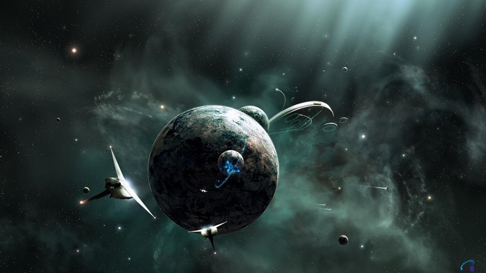 Spaceships and planets in a nebula