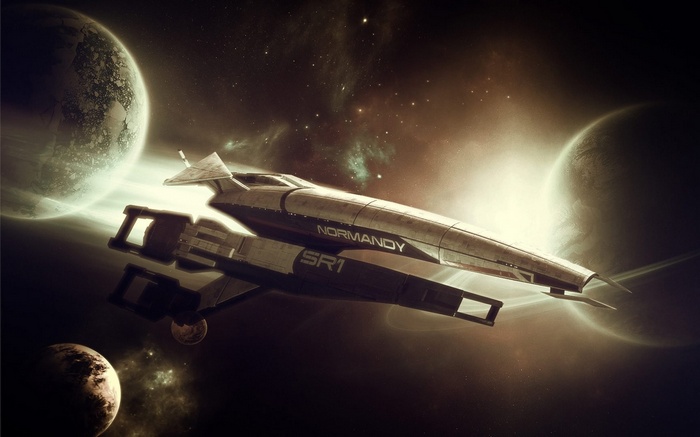 Normandy SR-1 spaceship in space with planets