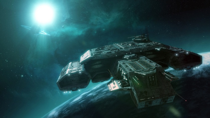 Daedalus-class spaceship near a planet and a bright star