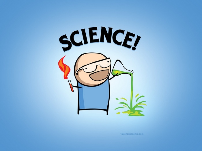 Cartoon scientist with fire and chemicals