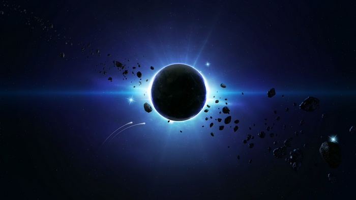 Solar eclipse with asteroids in deep space