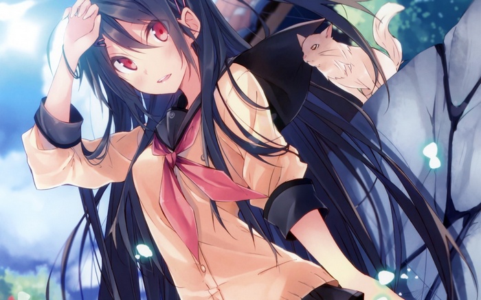 Anime girl with black hair and red eyes and a cat