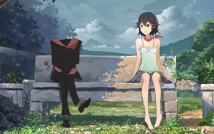 Matoi Ryuuko and a headless figure on a bench