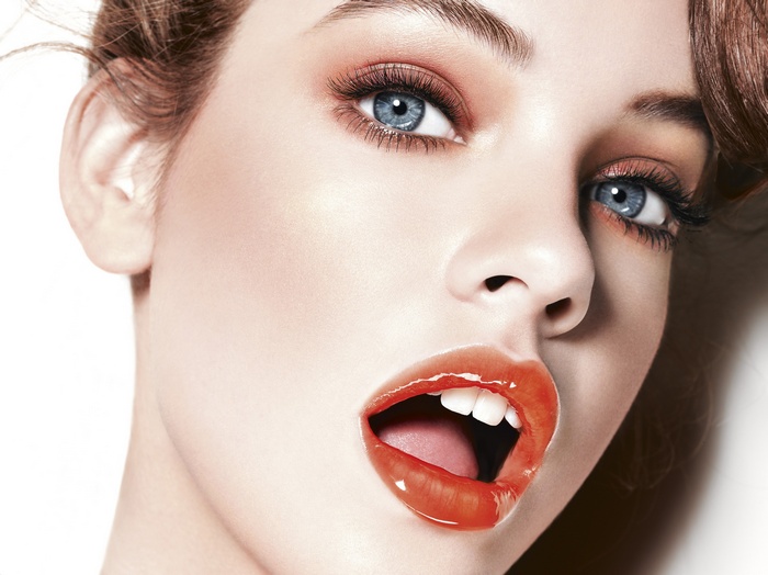 Barbara Palvin with open mouth and red lipstick