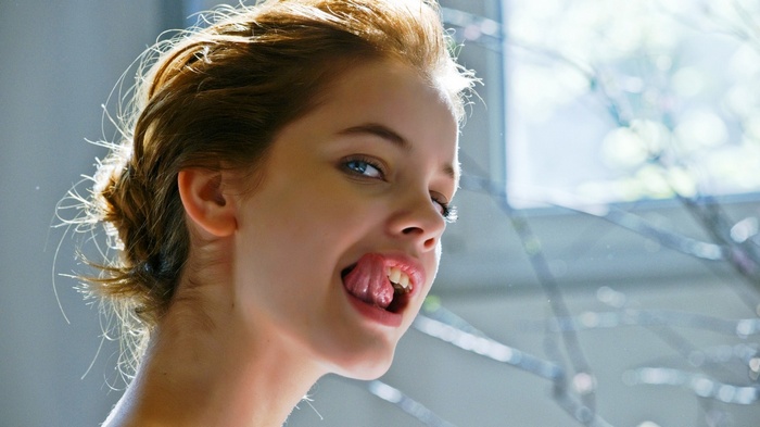 Barbara Palvin with tongue out, blue eyes, portrait
