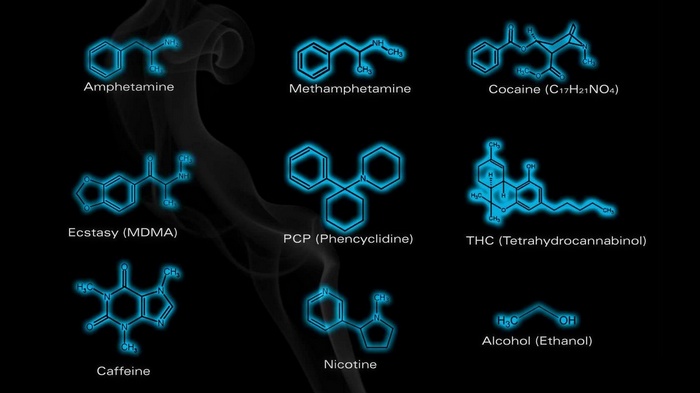 Chemical structures of various drugs and stimulants