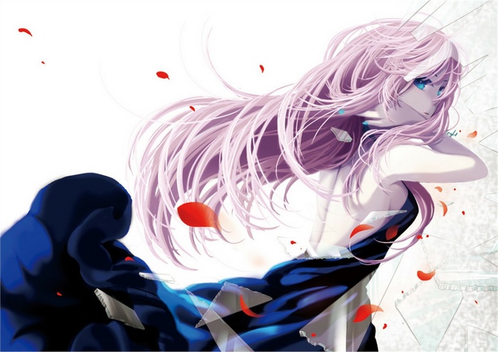 Megurine Luka in a dark blue dress with pink hair