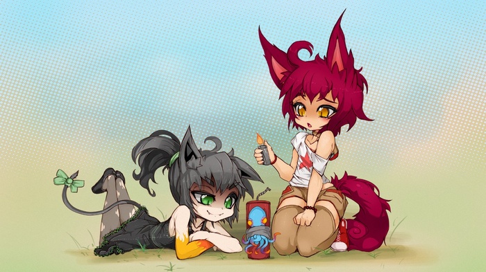 Two anime girls with animal ears and fireworks