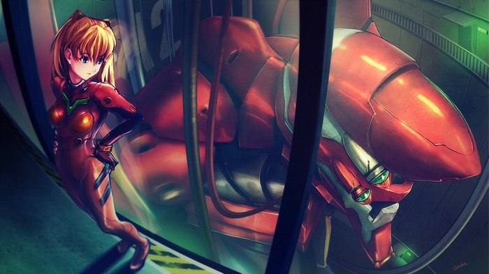 Asuka Langley Soryu and EVA Unit 02 in Neon Genesis Evangelion