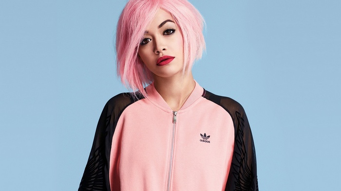 Rita Ora in Adidas pink bomber jacket with pink hair