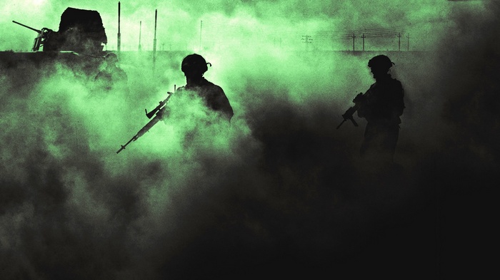Soldiers in smoke with M14 rifle