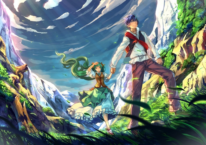 Kaito and Hatsune Miku in a mountain landscape