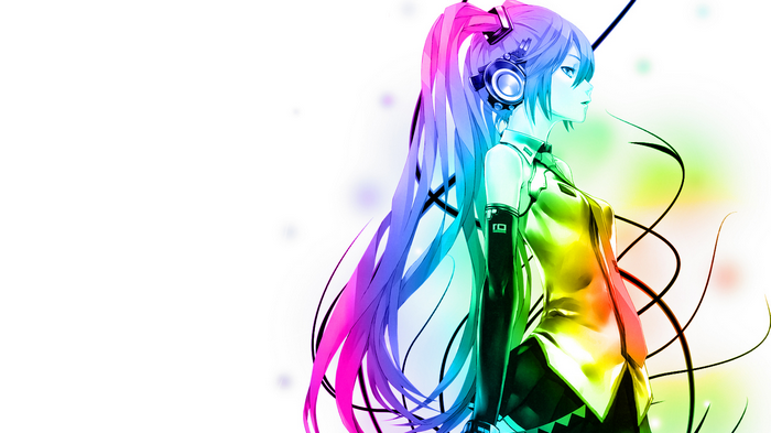 Hatsune Miku with colorful hair and headphones